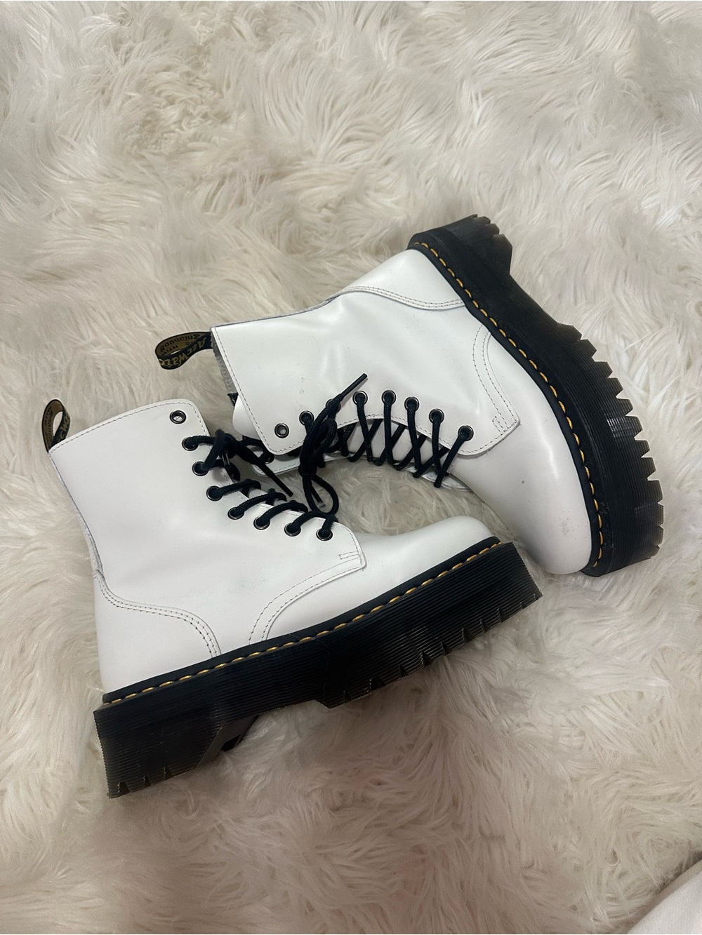 Dr. Martens Jadon’s White Leather Platform Combat Boots with Black Sole wore 1X